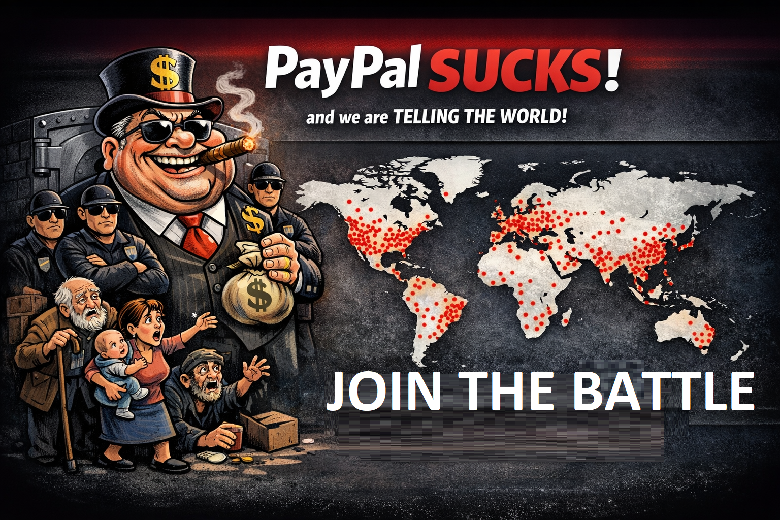 Satirical illustration of corporate greed and frozen accounts